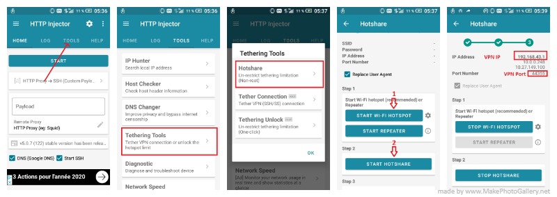 Share an Android vpn connection via hotspot wihout root